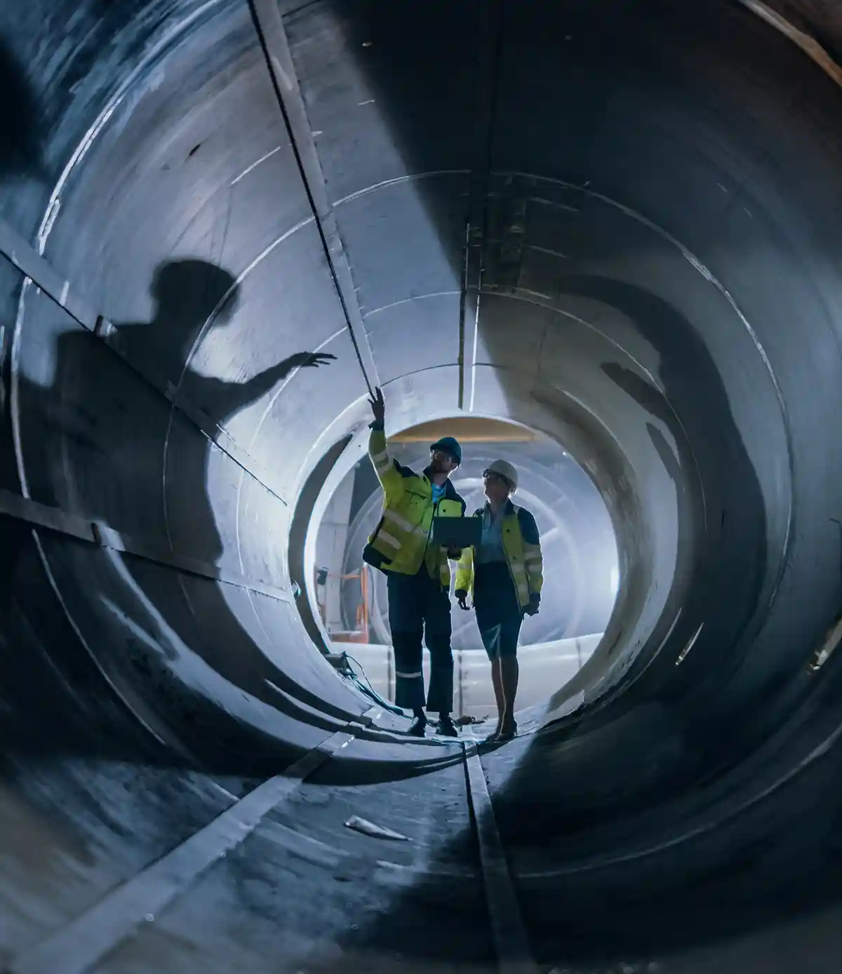 Zwei Ingenieure aus der Schwerindustrie gehen im Rohr, verwenden einen Laptop, führen eine Diskussion und überprüfen die Schweißnähte. Bau der Pipeline für den Transport von Öl, Erdgas und Kraftstoffen.